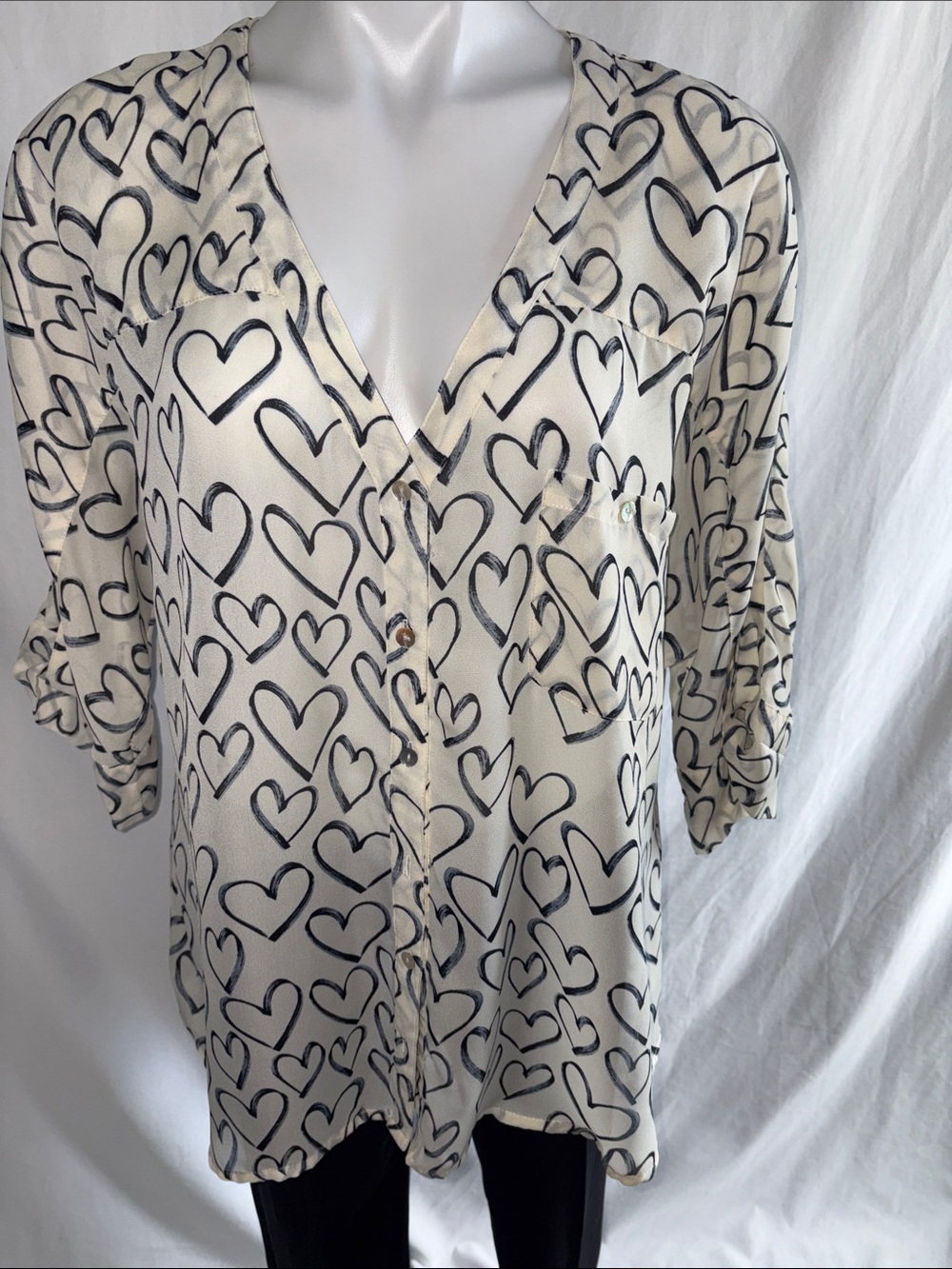 Black Rainn Cream Button-Front Blouse with Black Heart Print